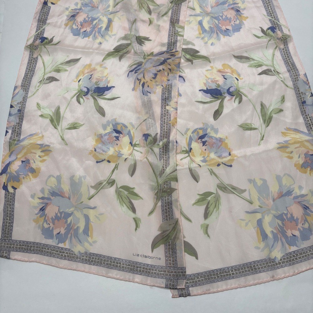 Liz Claiborne Pink Floral Peony‎ Print Silk Scarf Pastel Rectangular 52x10